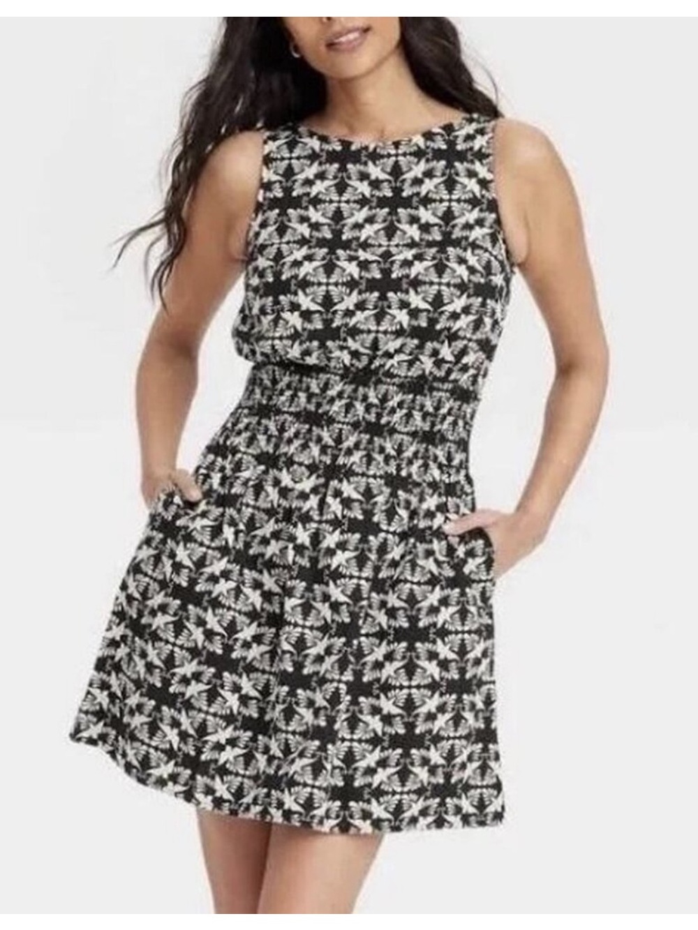 Universal Thread Black and Cream Bird Print Smocked Waist Dress XL